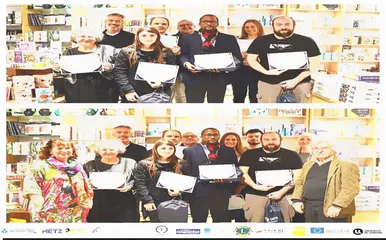 Montage  montrant les lauréats du concours d'écriture posant avec leurs diplômes dans une librairie à Metz.